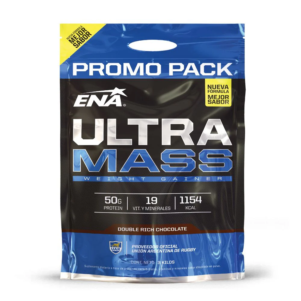 Ultra Mass de ENA - Suplemento para aumento de peso y masa muscular, con proteínas y carbohidratos de alta calidad.